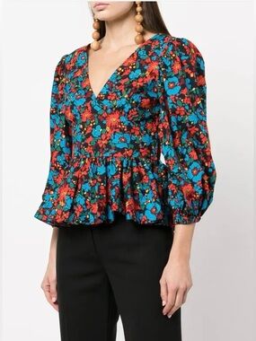 Derek Lam Savannah Blue Red Floral Cotton Poplin Shirt Top Blouse